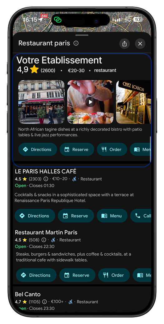 Exemple de résultat Google Maps avec établissement en première position - 4,9 étoiles et 2600 avis